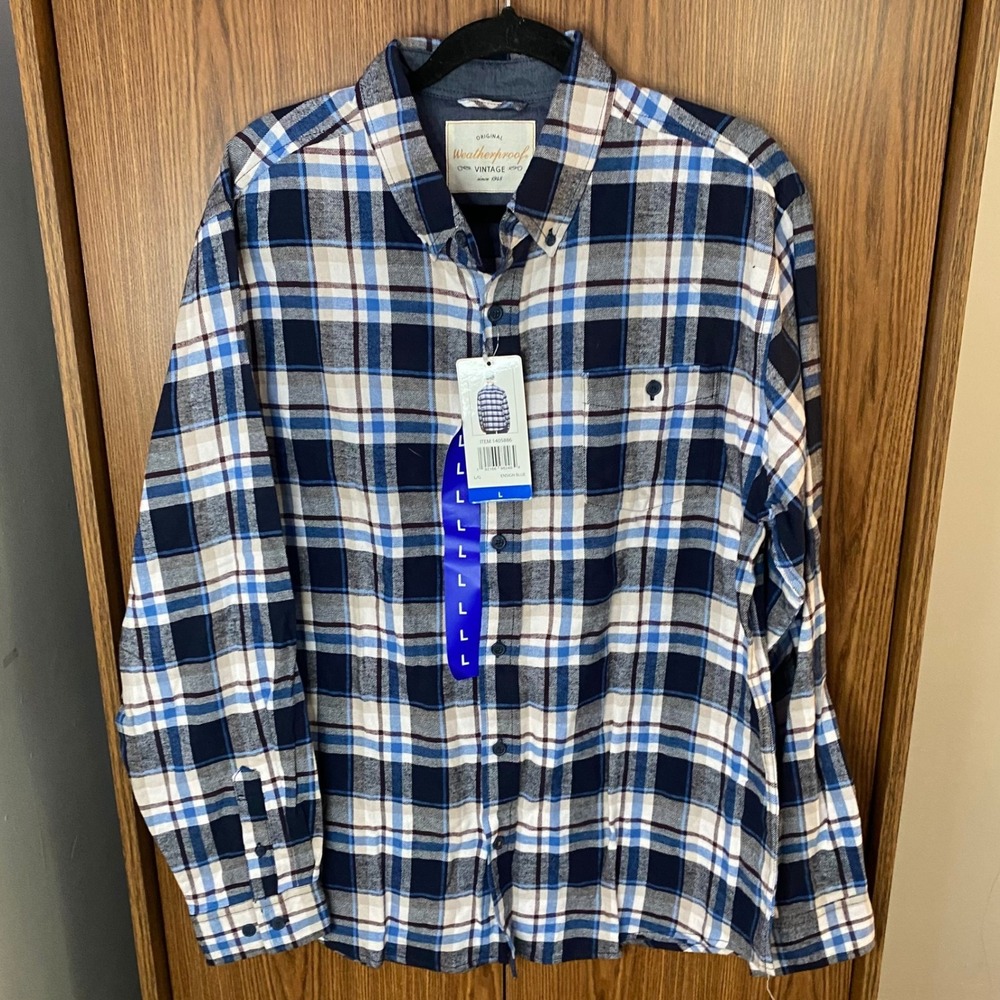 Weatherproof Vintage Flannel Shirt Mens Large Ensign Blue Plaid Button Down NEW